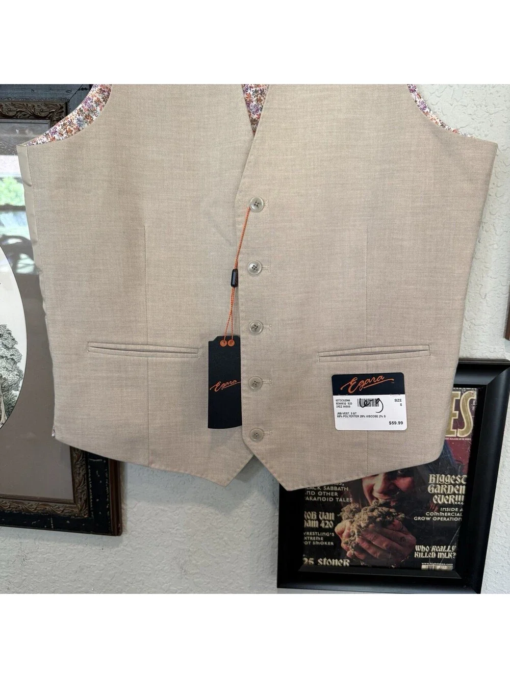 NWT Egara Men’s Suit Vest Skinny Fit Size Small Tan Floral Lining Designer